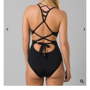 Prana Atalia black one piece swimsuit racer back halter top bow women’s small